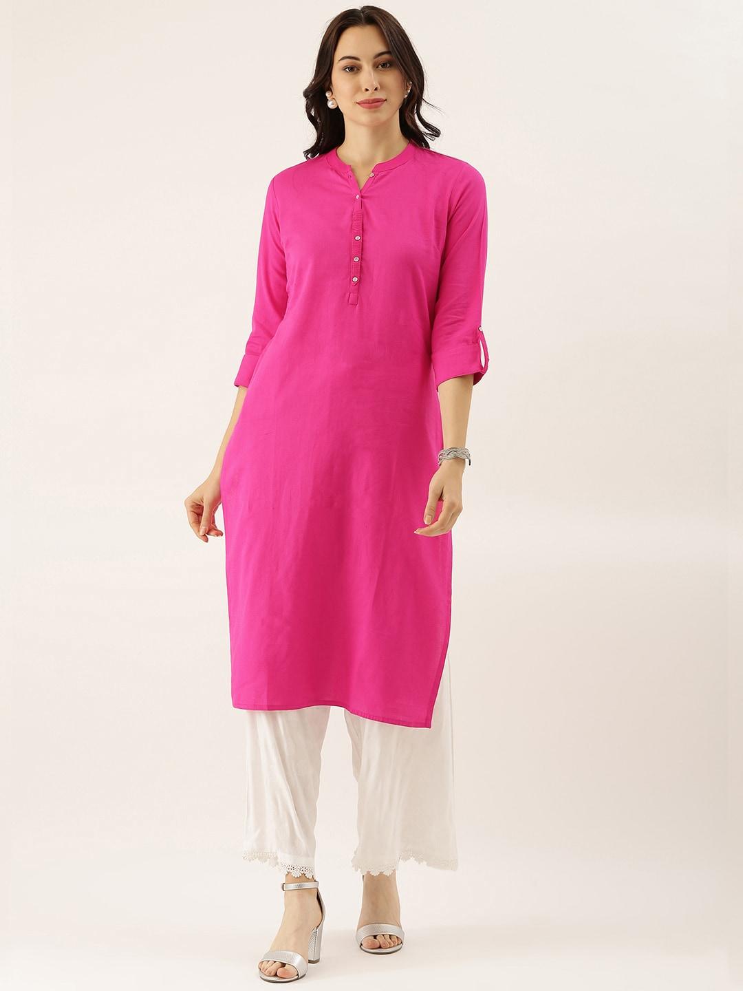  Pink Solid Straight Roll up Sleeve Kurti 
