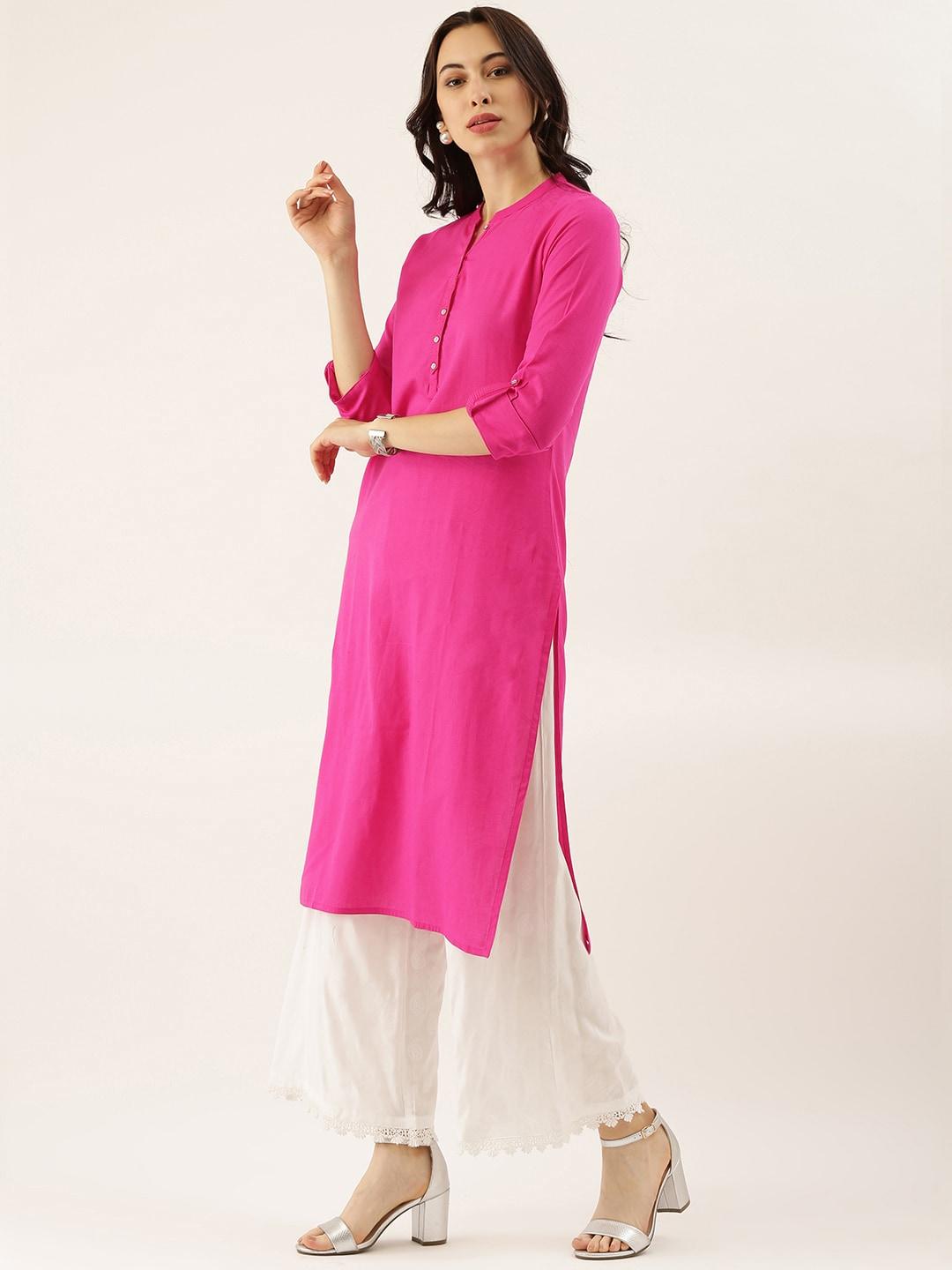  Pink Solid Straight Roll up Sleeve Kurti 
