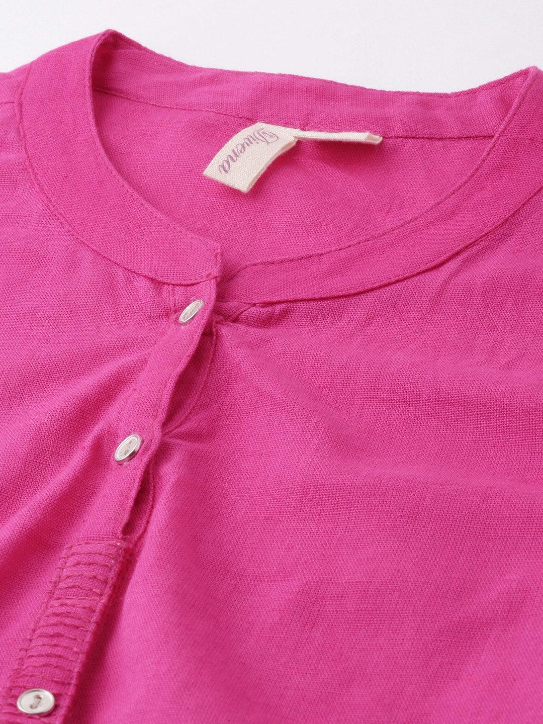  Pink Solid Straight Roll up Sleeve Kurti 