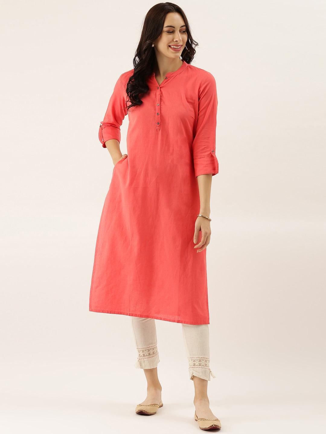 Peach Solid Straight Roll up Sleeve Kurti 