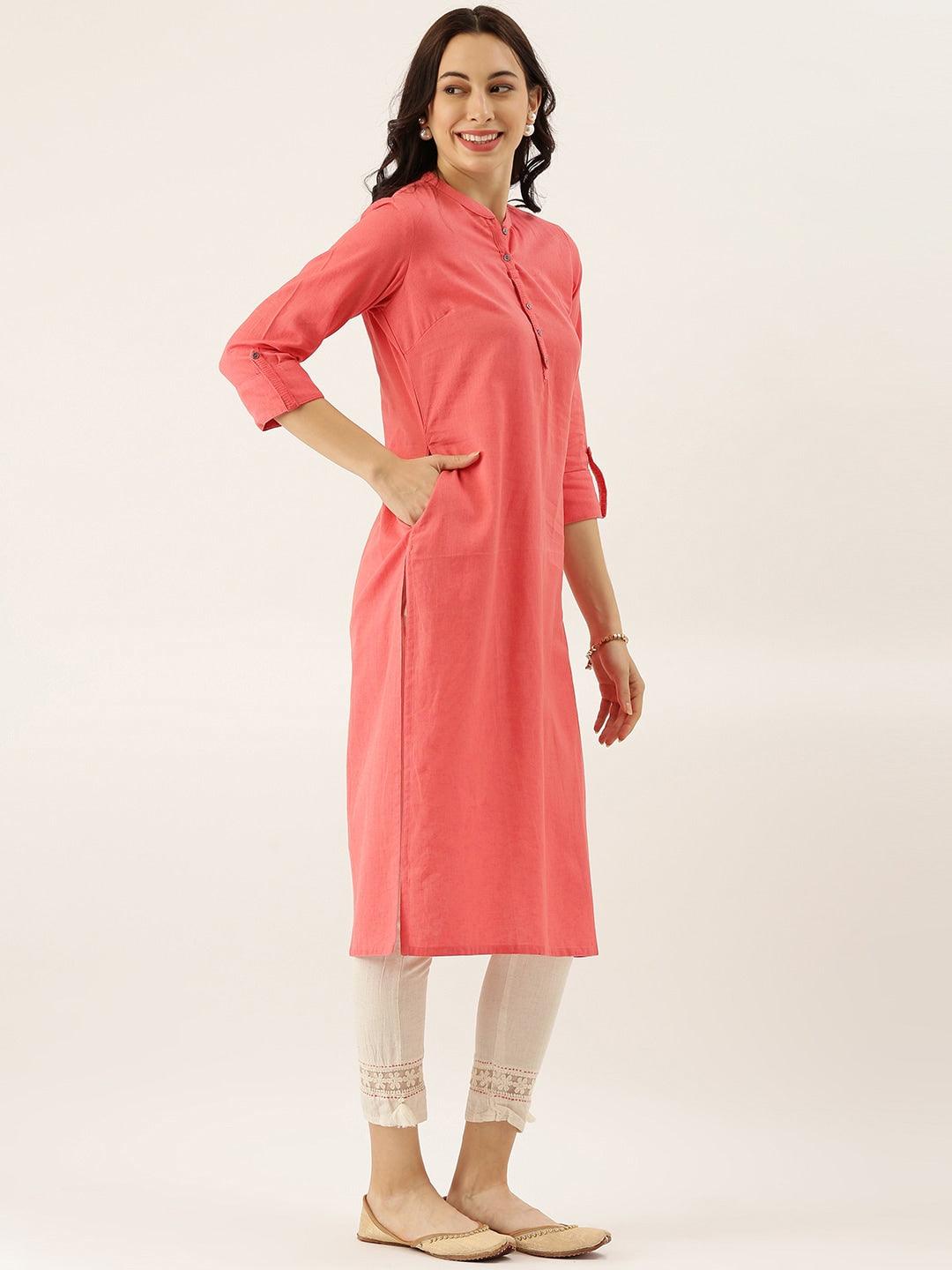  Peach Solid Straight Roll up Sleeve Kurti 