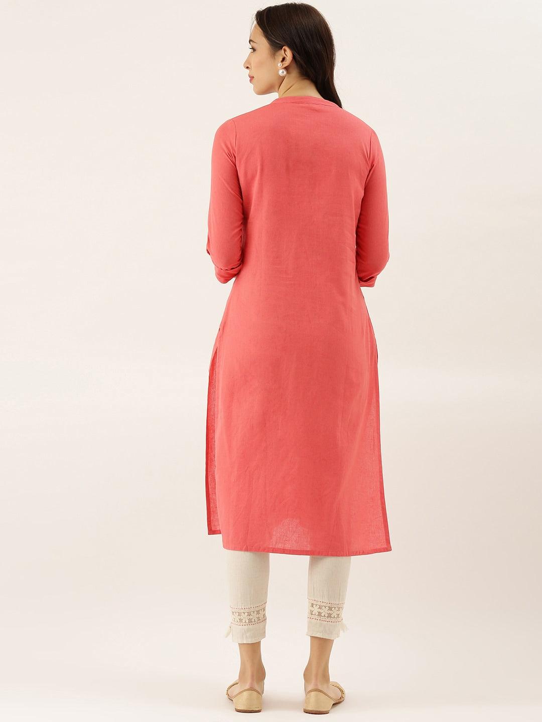  Peach Solid Straight Roll up Sleeve Kurti 