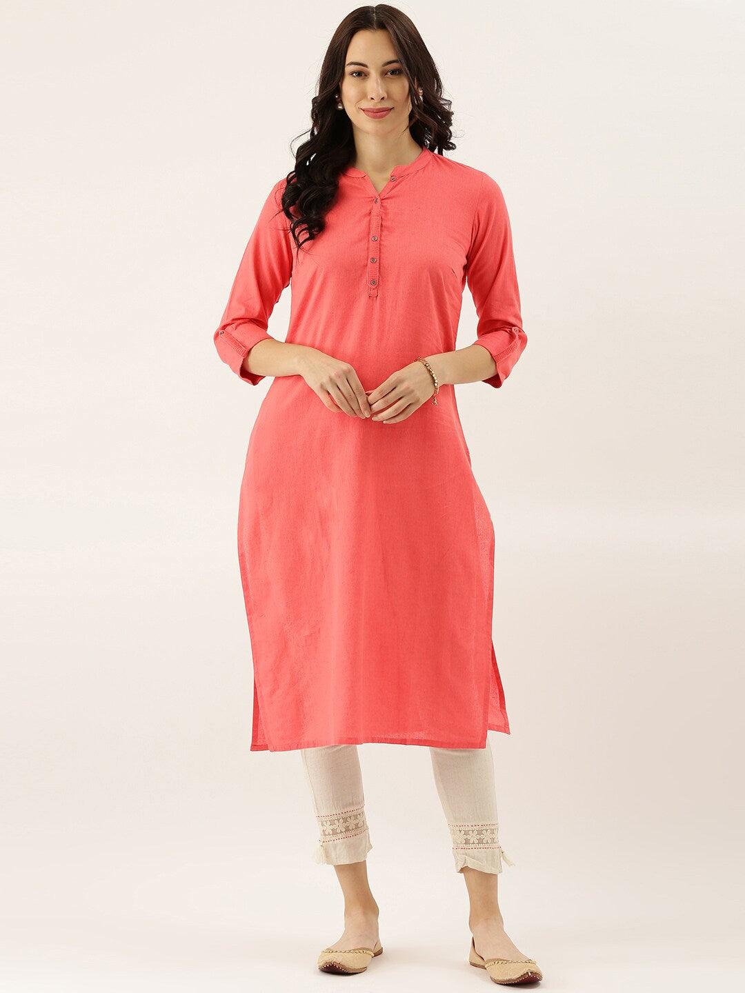  Peach Solid Straight Roll up Sleeve Kurti 