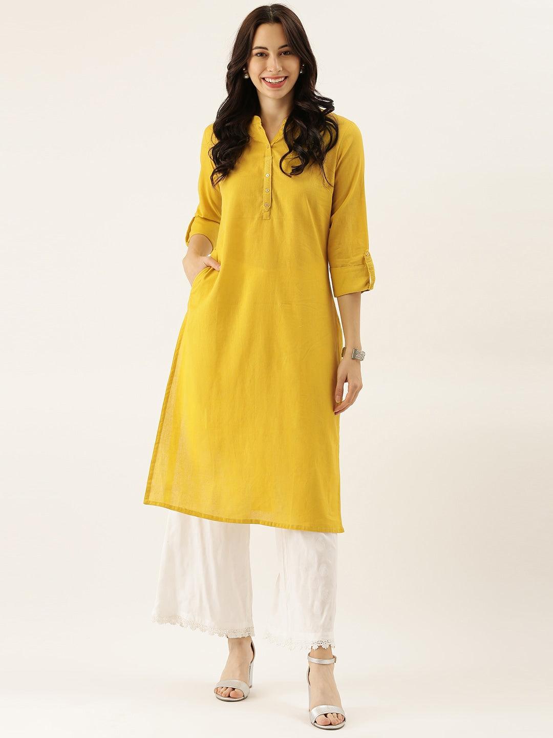  Yellow Solid Straight Roll up Sleeve Kurti 