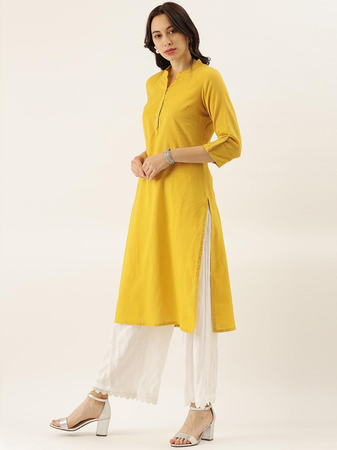  Yellow Solid Straight Roll up Sleeve Kurti 