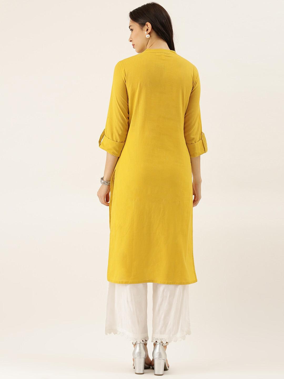  Yellow Solid Straight Roll up Sleeve Kurti 