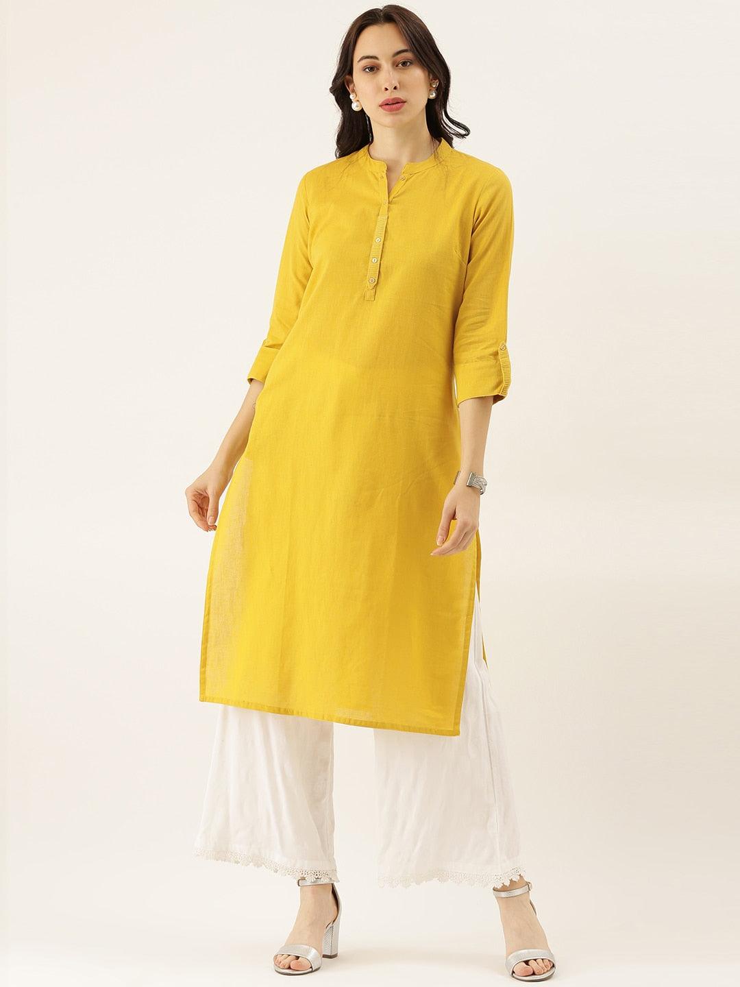  Yellow Solid Straight Roll up Sleeve Kurti 