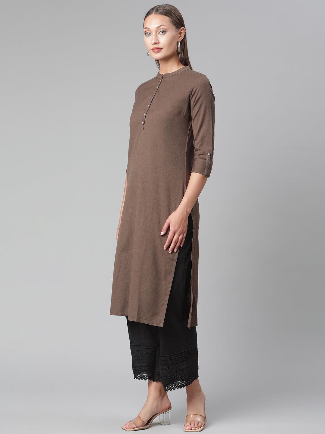  Brown Cotton Straight Kurti 