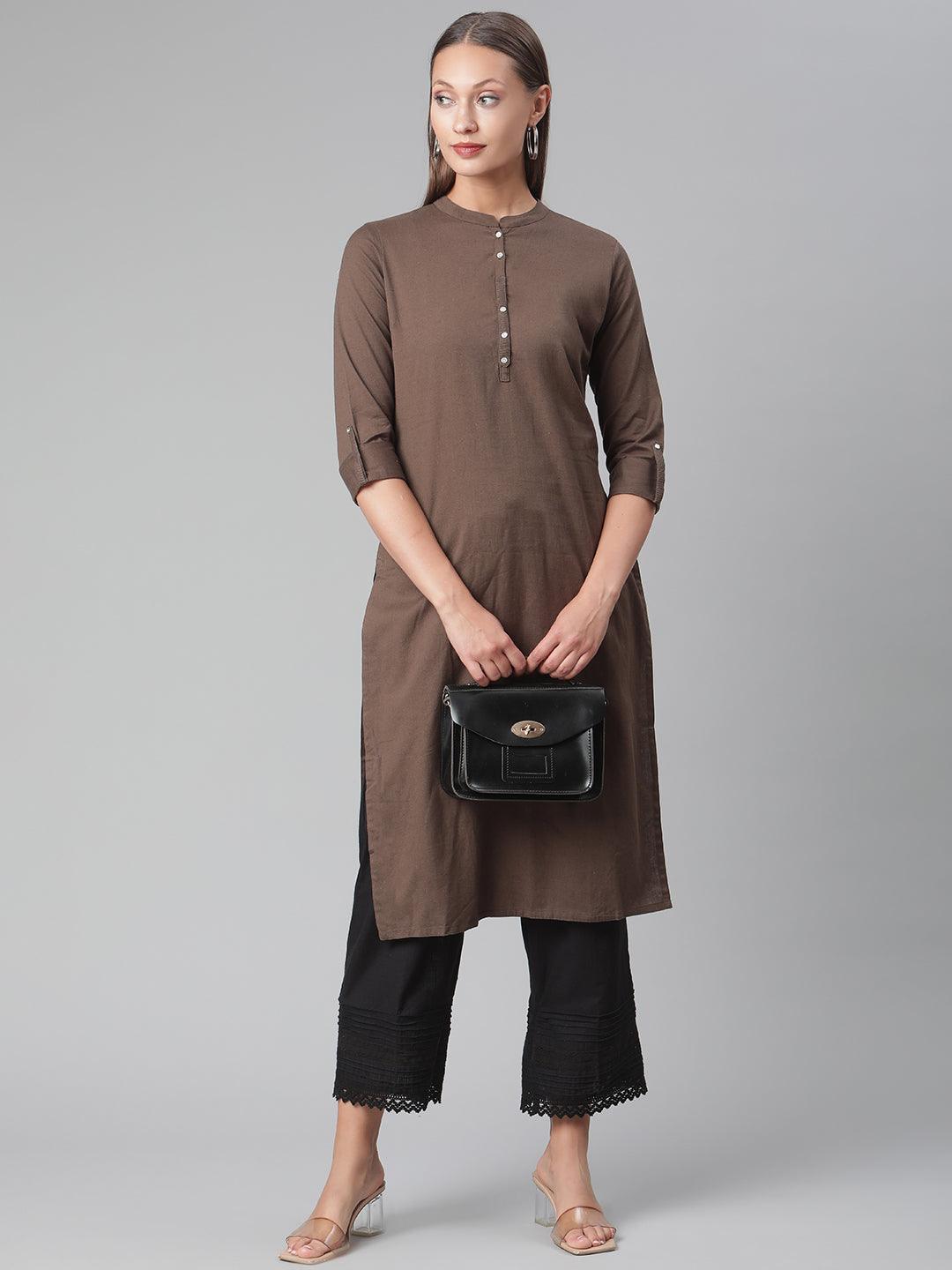  Brown Cotton Straight Kurti 