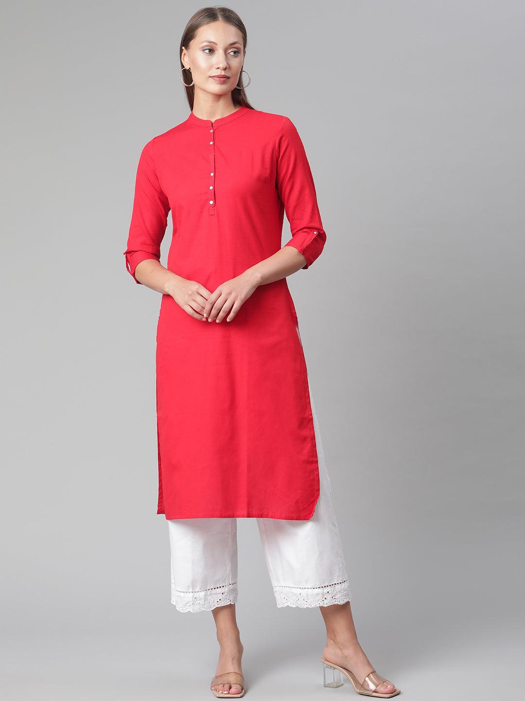  Red Cotton Straight Kurti 