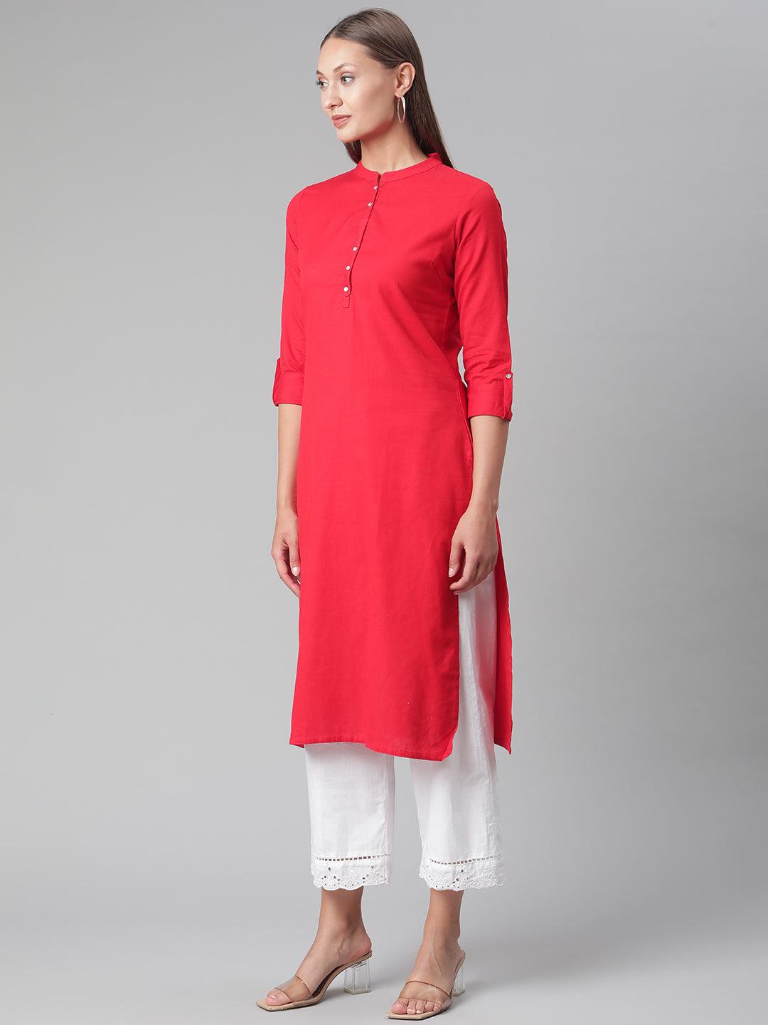  Red Cotton Straight Kurti 