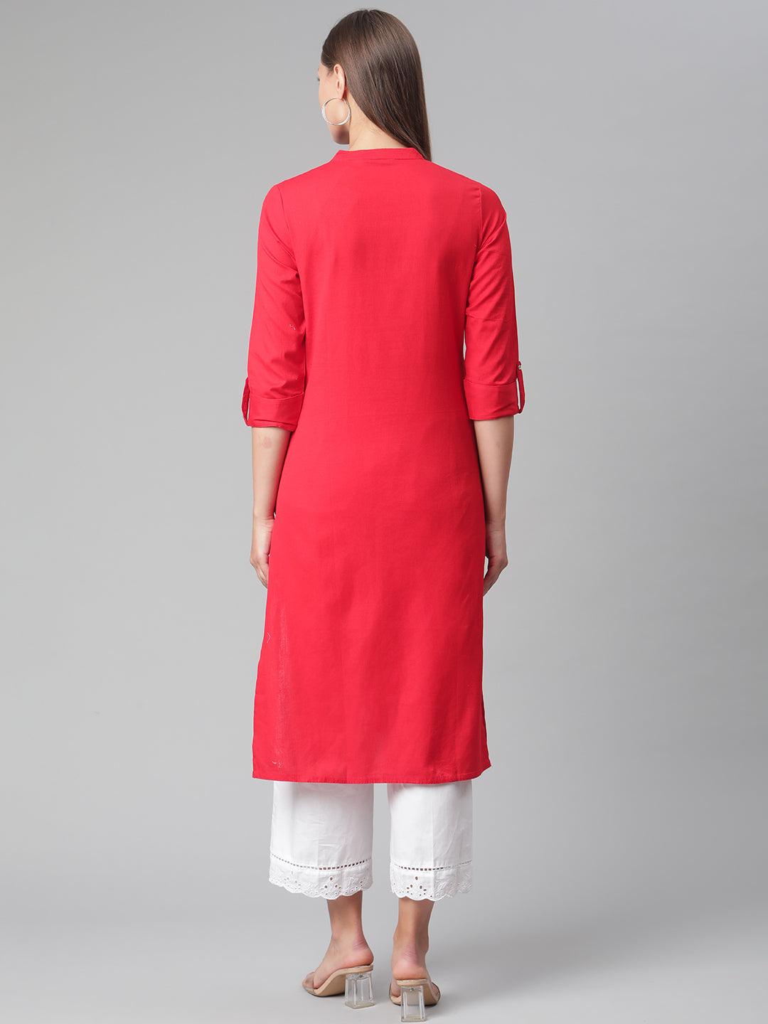 Red Cotton Straight Kurti 