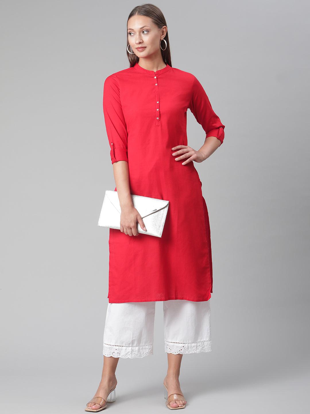  Red Cotton Straight Kurti 