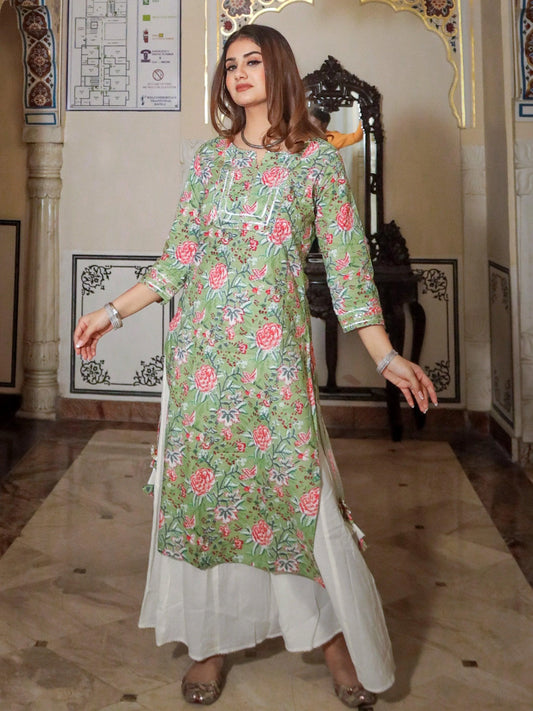 Green Printed Cotton Kurta With Palazzo Set