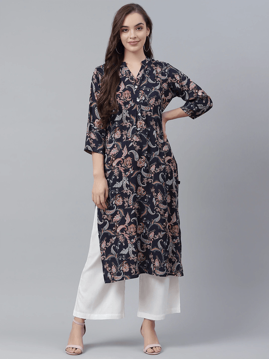  Blue Printed Rayon Straight Kurti 