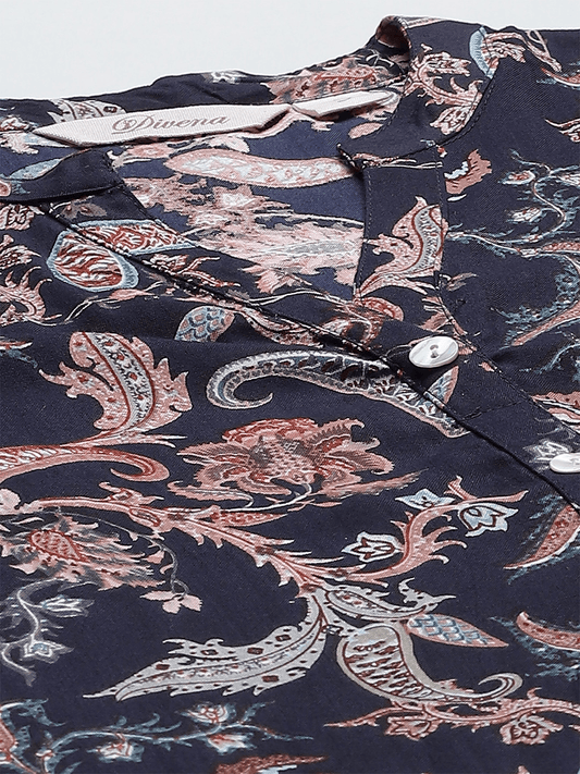  Blue Printed Rayon Straight Kurti 
