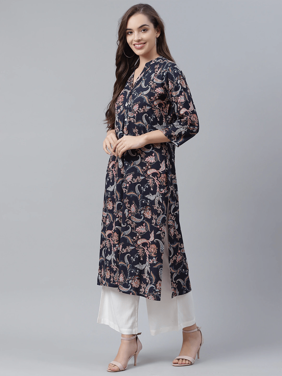  Blue Printed Rayon Straight Kurti 