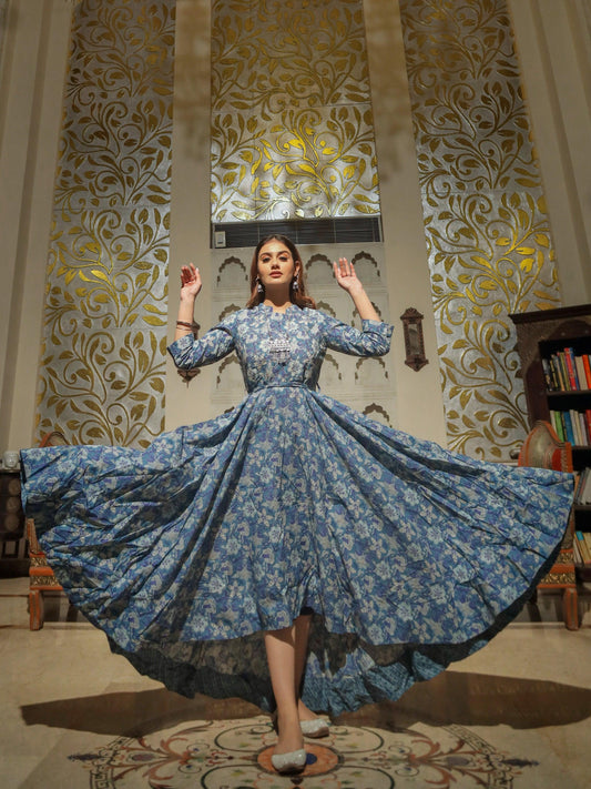  Indigo Blue High Low Flared Kurta with Belt  
