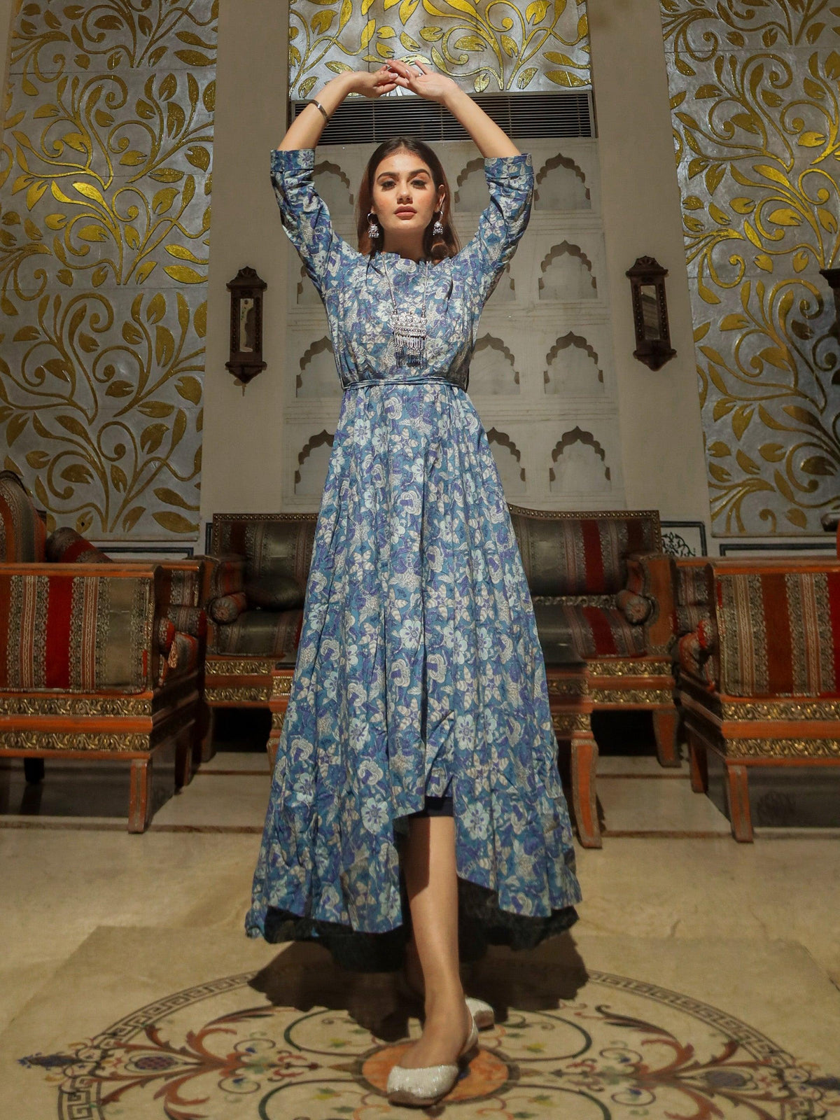  Indigo Blue High Low Flared Kurta with Belt  