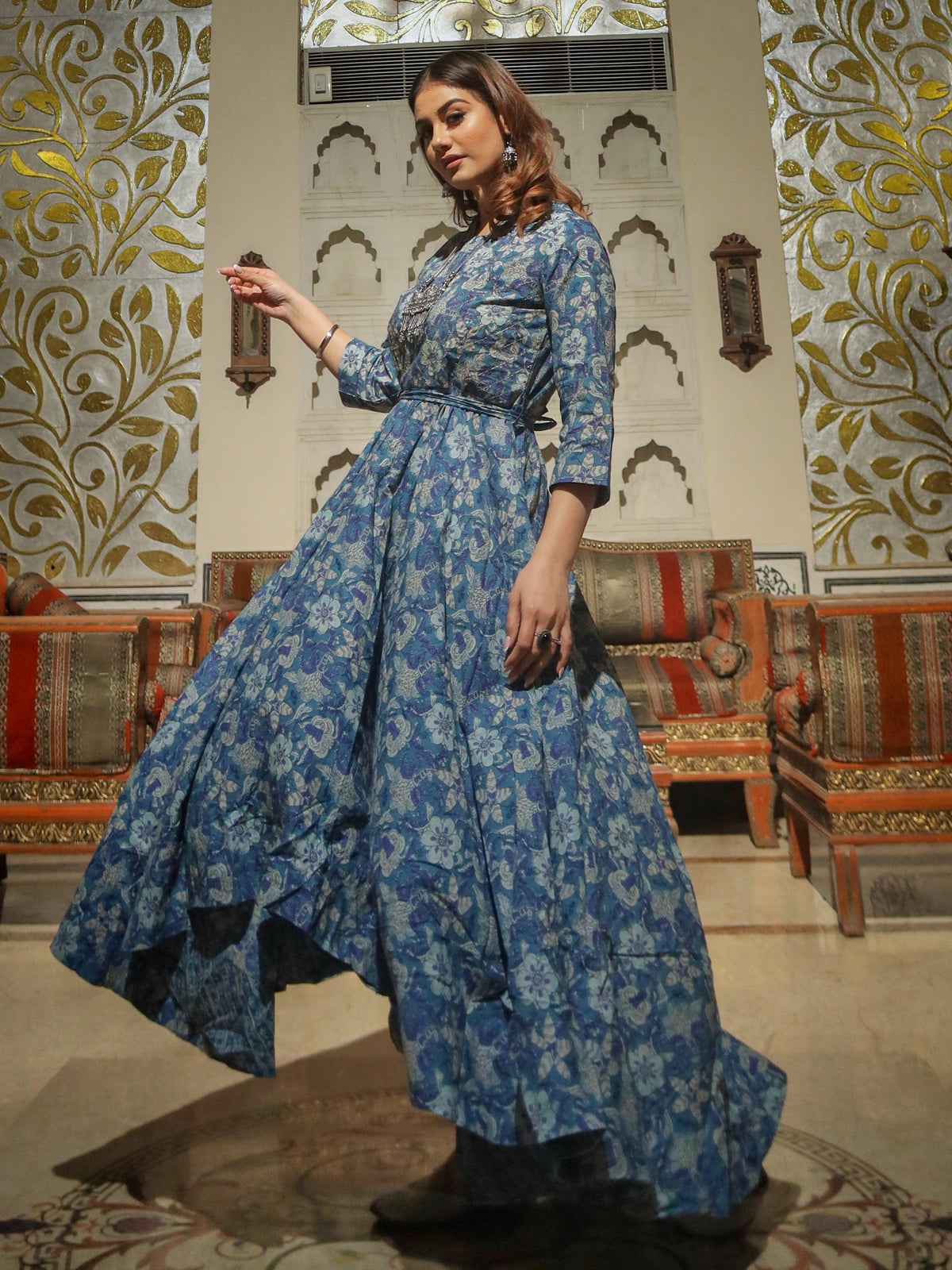  Indigo Blue High Low Flared Kurta with Belt  