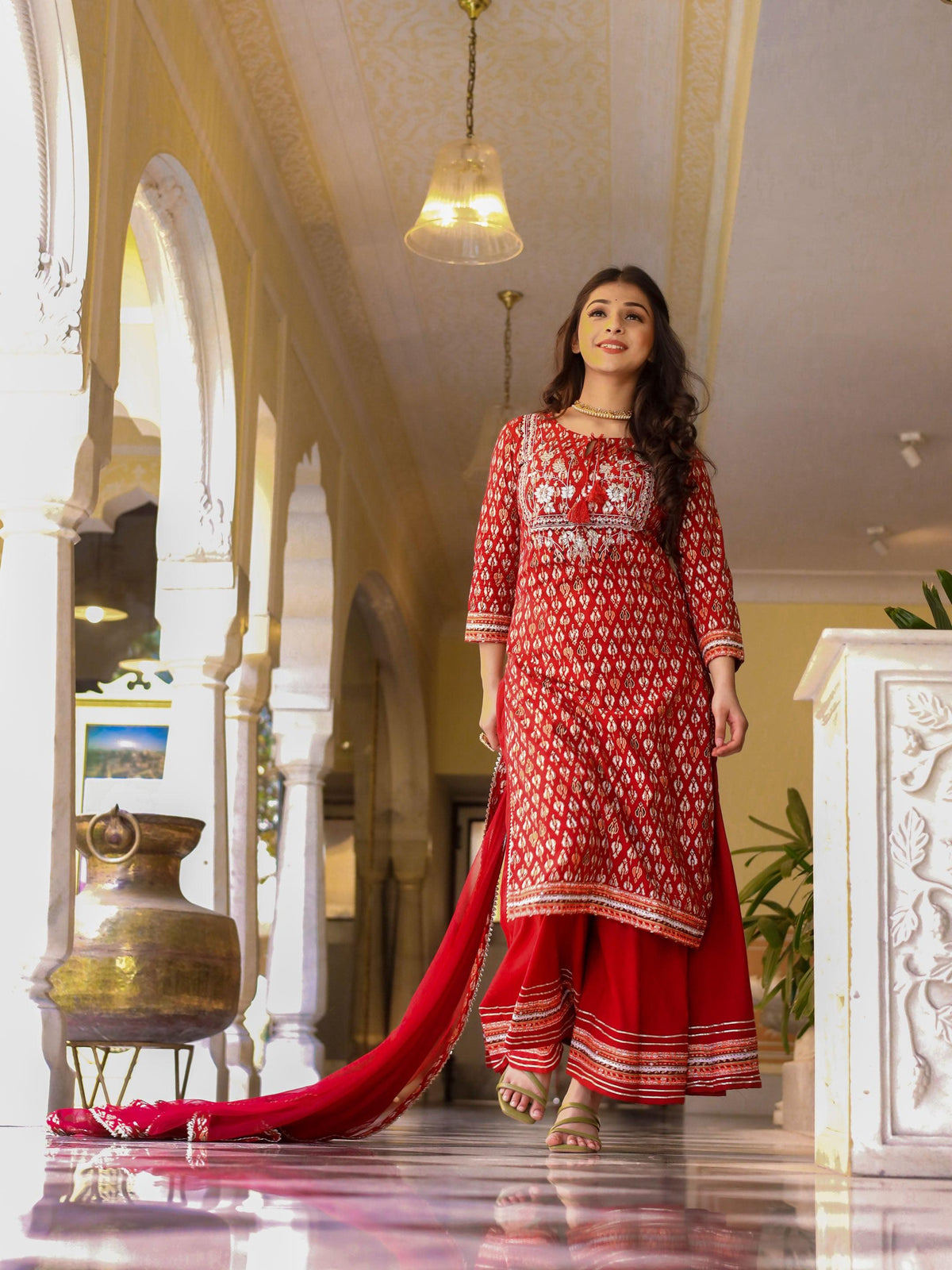  maroon Cotton Kurta palazzo set with net dupatta - world.com
