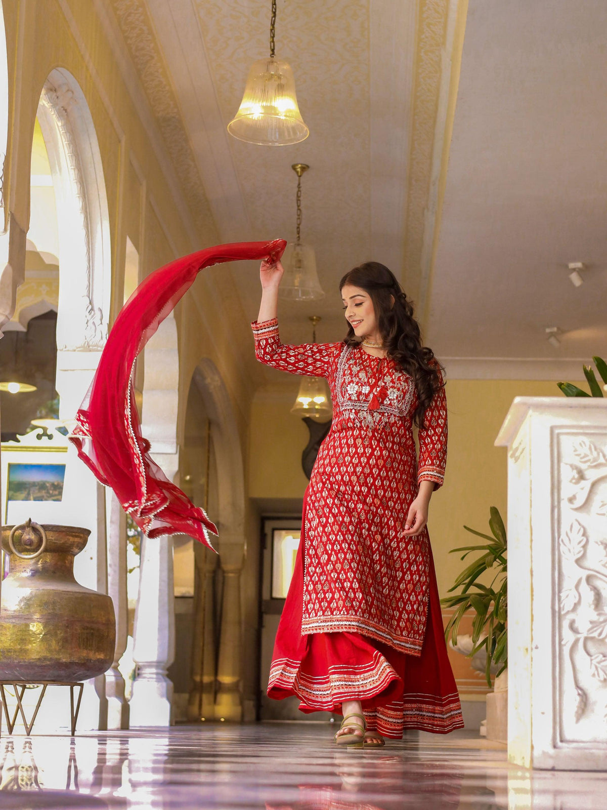  maroon Cotton Kurta palazzo set with net dupatta - world.com