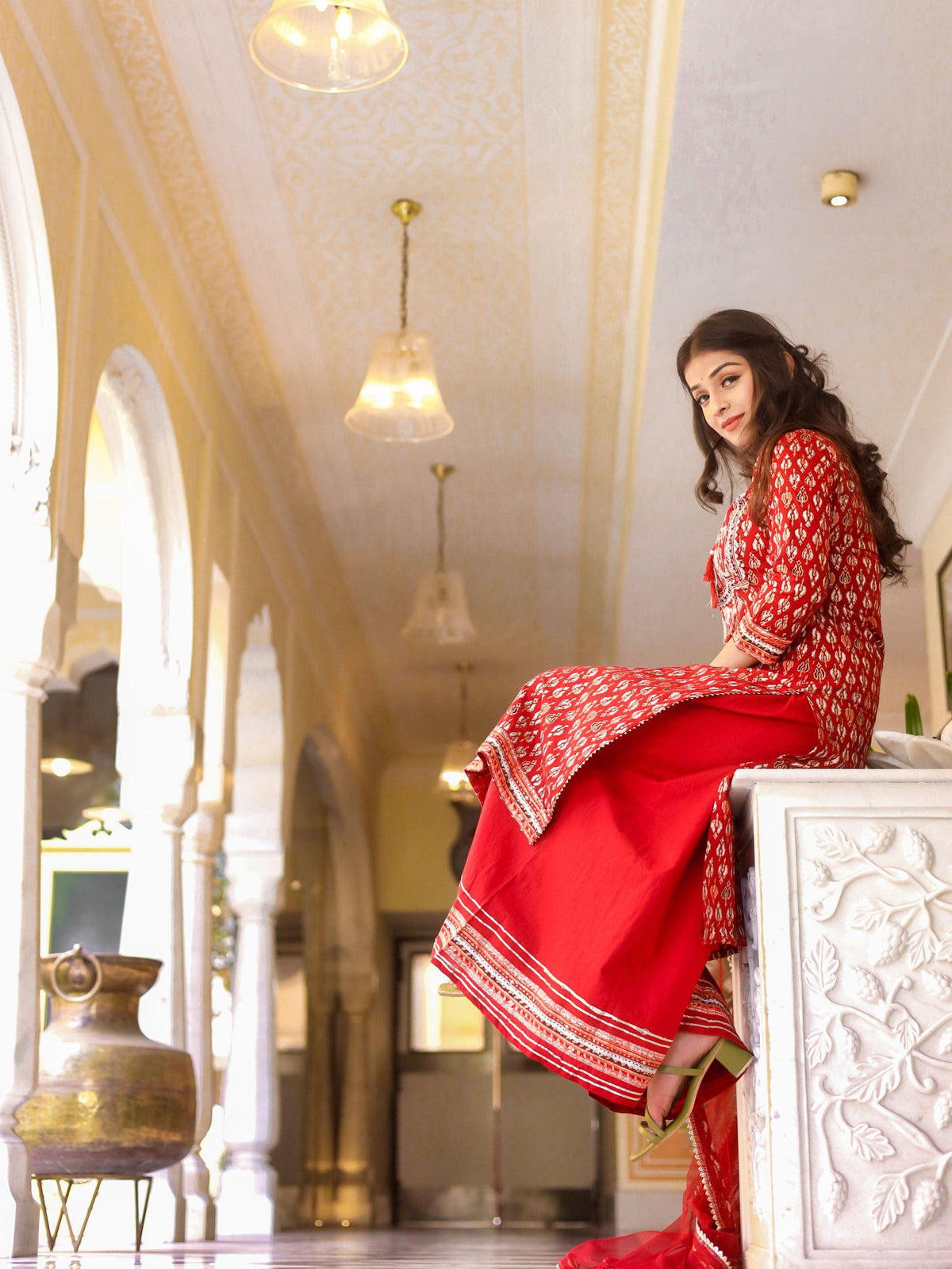  maroon Cotton Kurta palazzo set with net dupatta - world.com