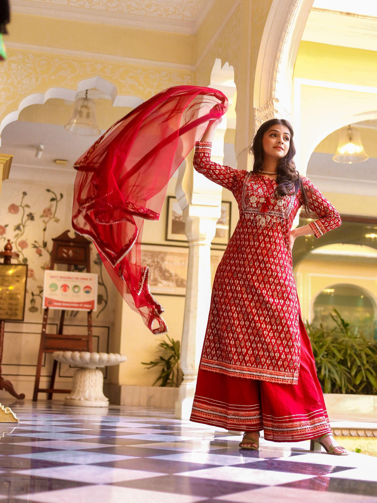  maroon Cotton Kurta palazzo set with net dupatta - world.com