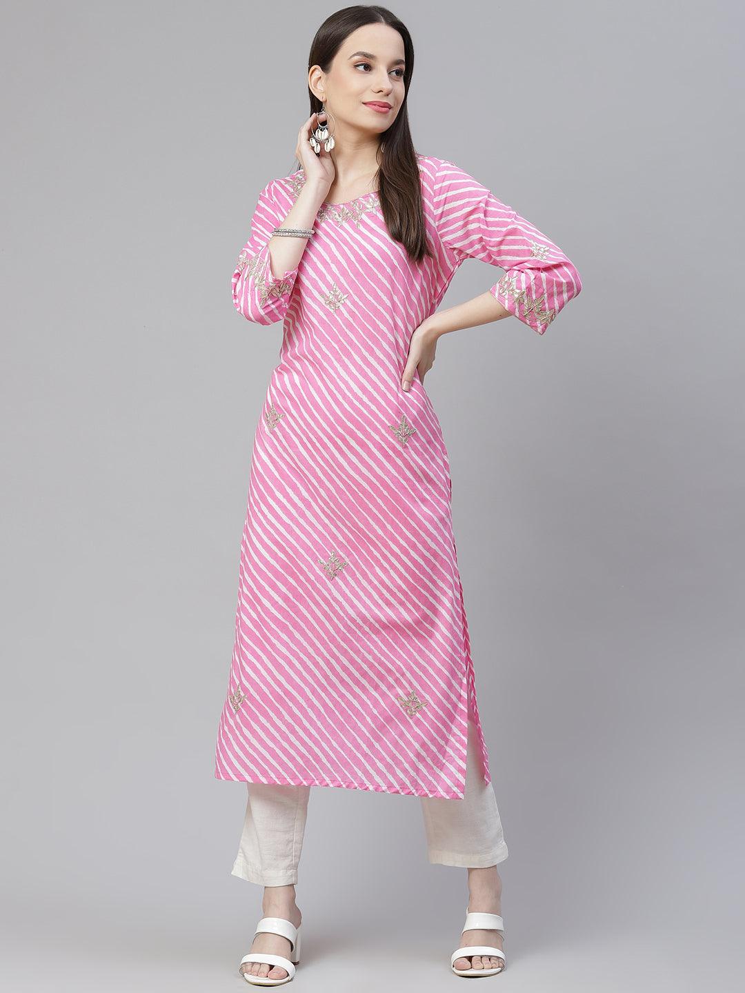  Pink Lahariya Cotton Gota patti Straight Kurta 