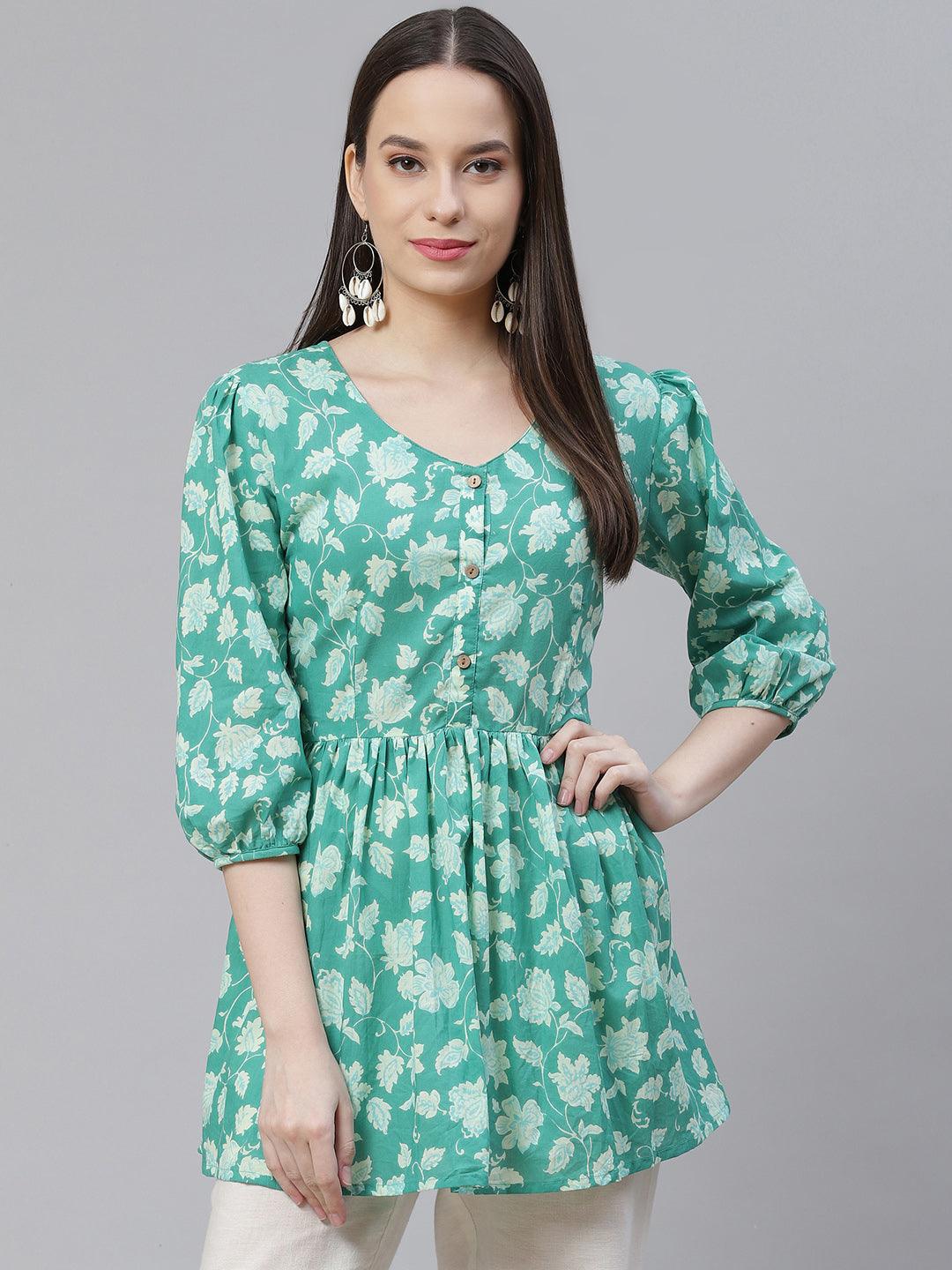  Sea green Floral Printed Peplum Cotton top 