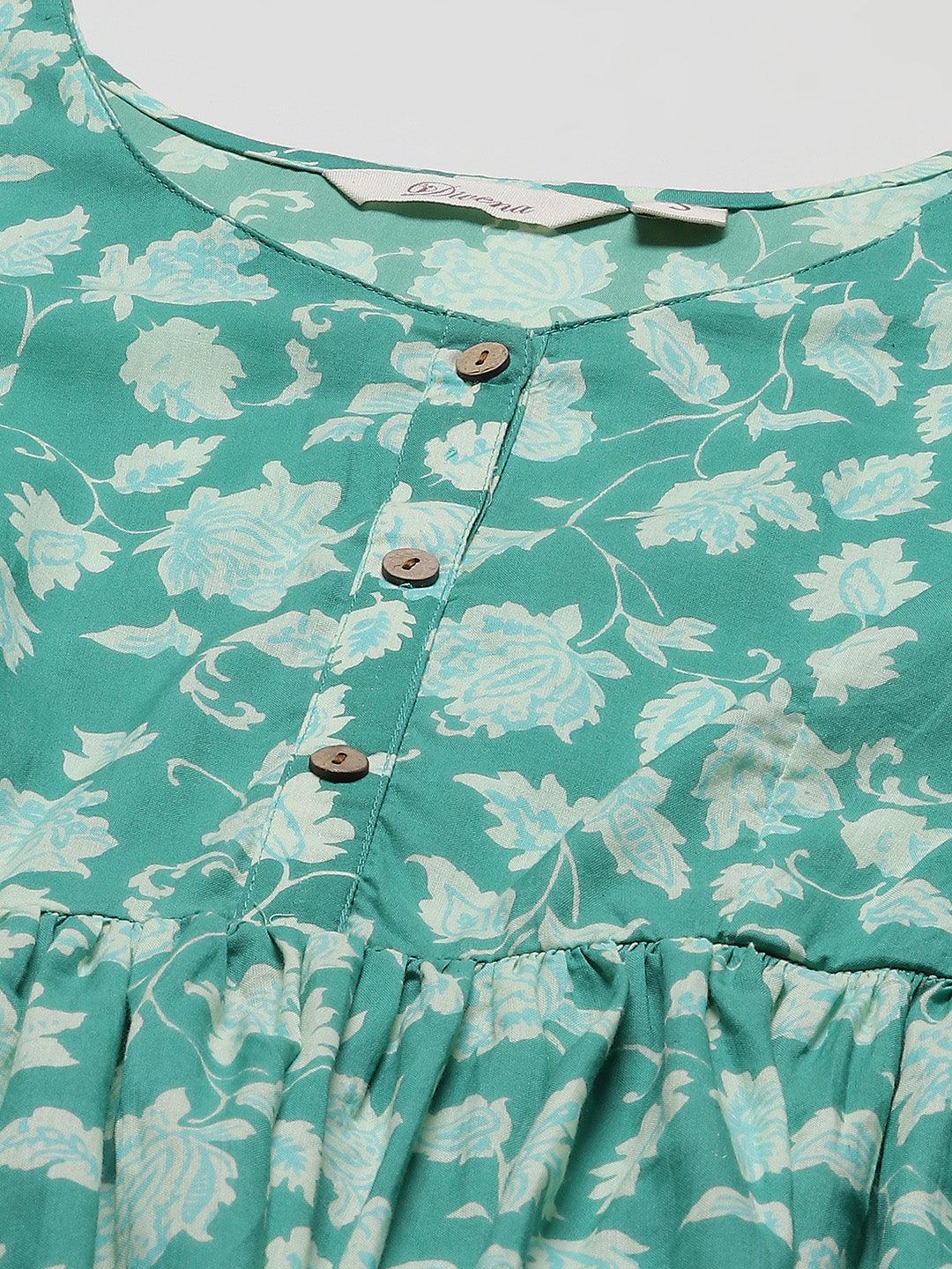  Sea green Floral Printed Peplum Cotton top 