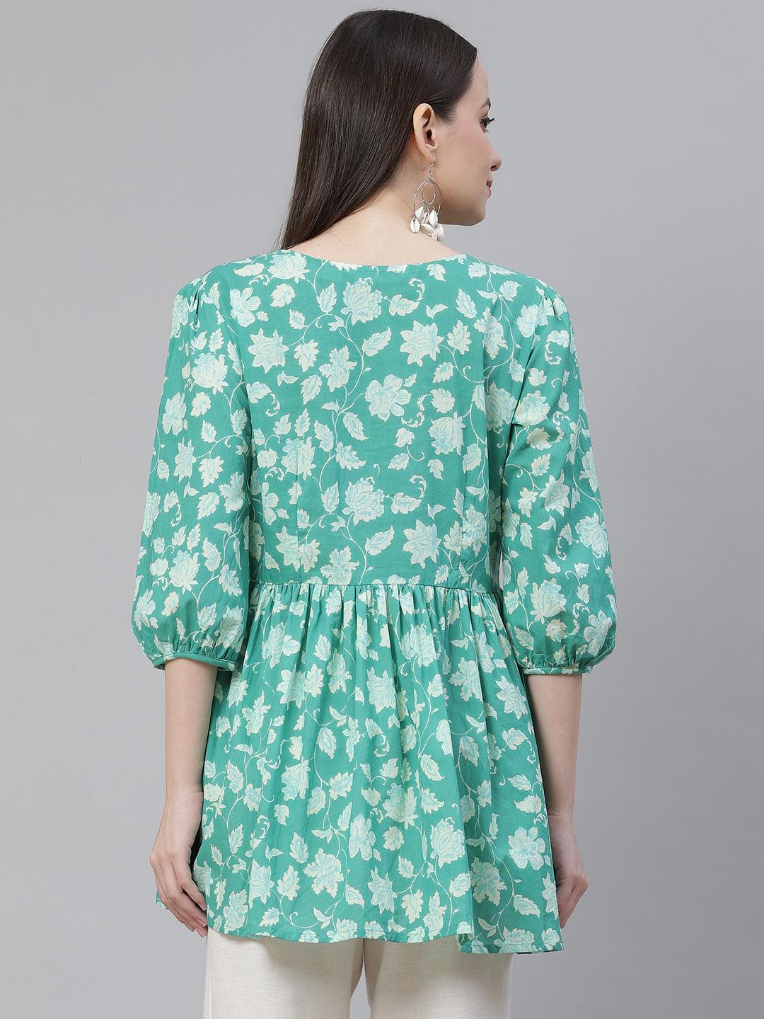  Sea green Floral Printed Peplum Cotton top 