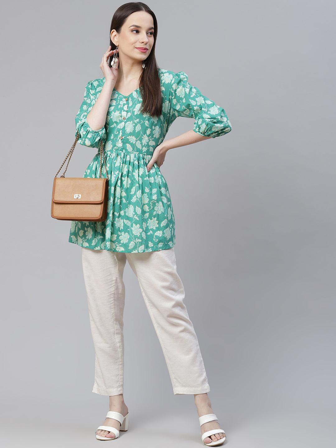  Sea green Floral Printed Peplum Cotton top 