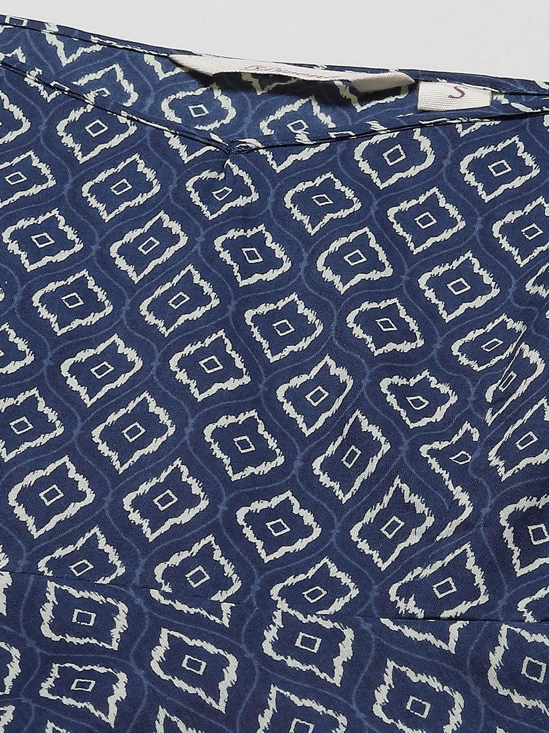  Blue geometric Printed Shoulder Strip Cotton Top 