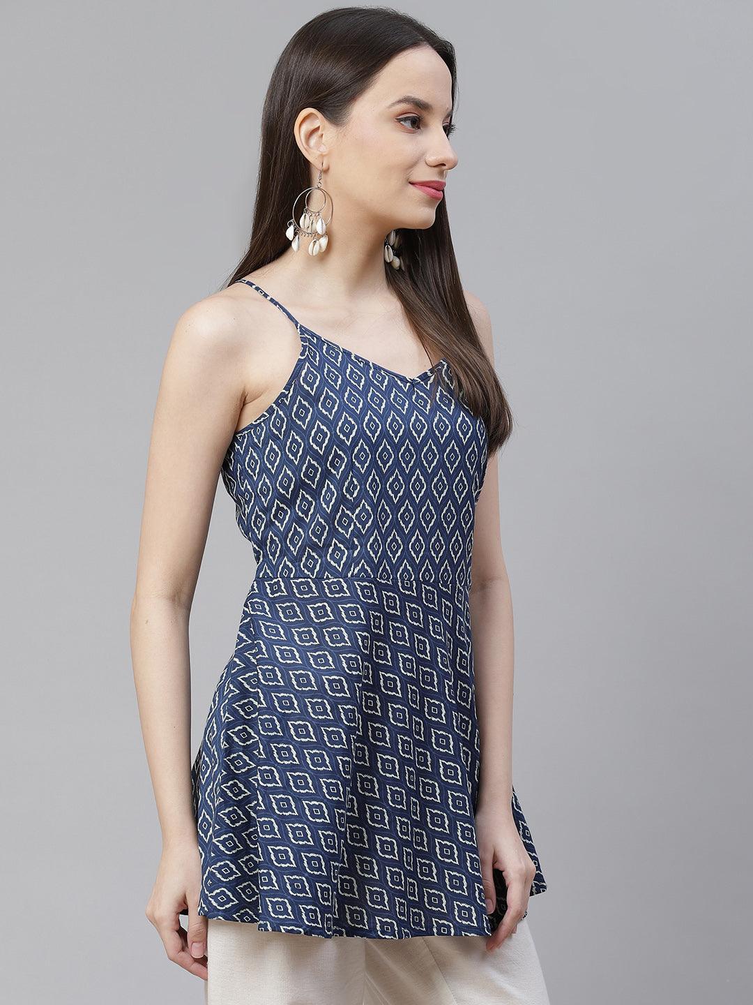  Blue geometric Printed Shoulder Strip Cotton Top 