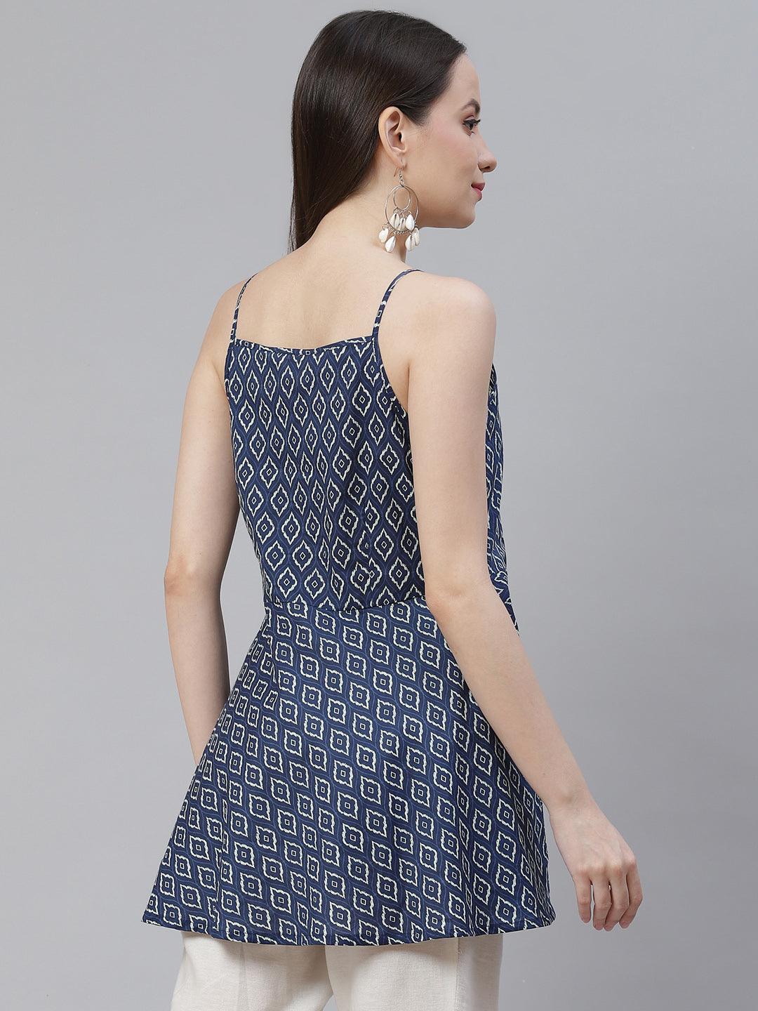  Blue geometric Printed Shoulder Strip Cotton Top 