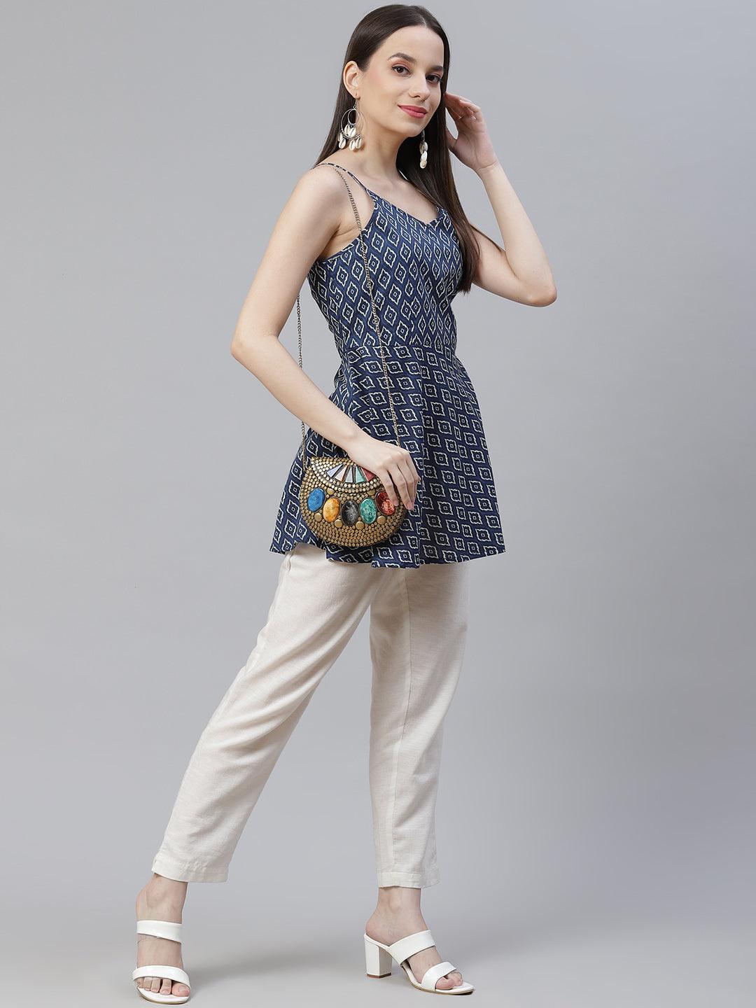  Blue geometric Printed Shoulder Strip Cotton Top 