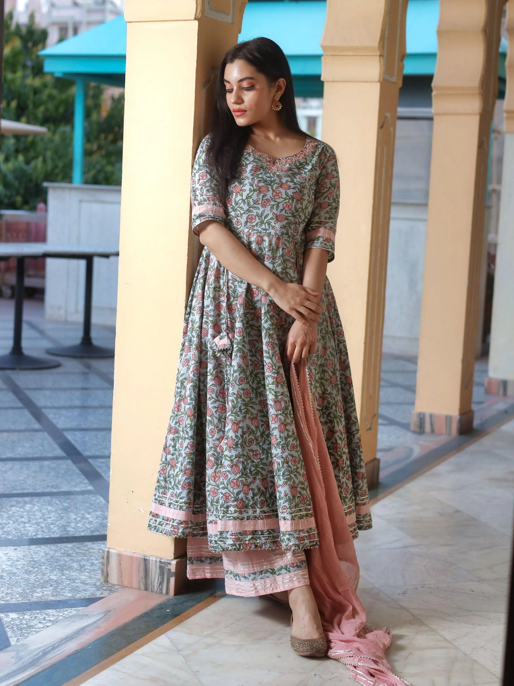 floral cotton anarkali dress White Organza Yellow Floral Print Anarkali Suits