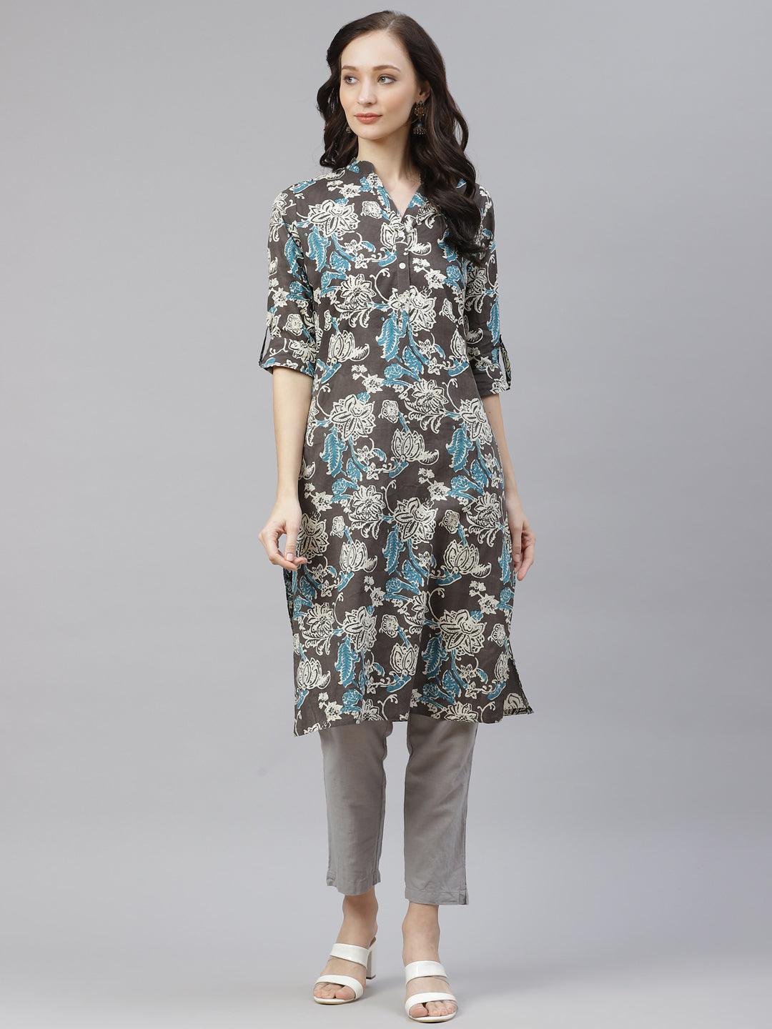  Brown Floral printed Straight kurta 