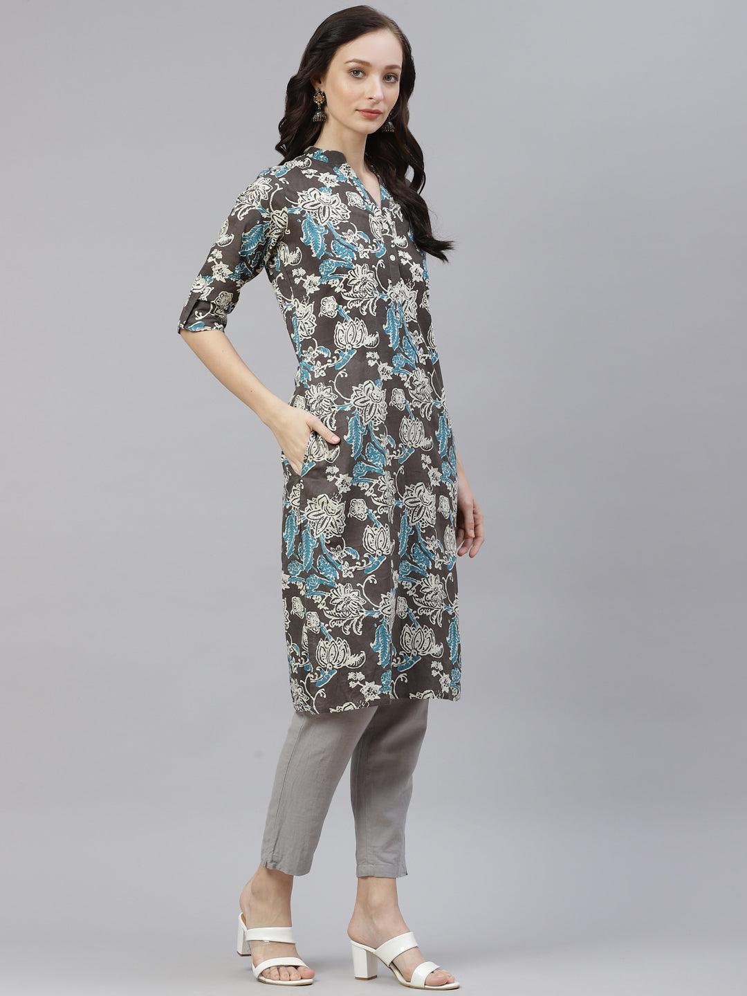  Brown Floral printed Straight kurta 