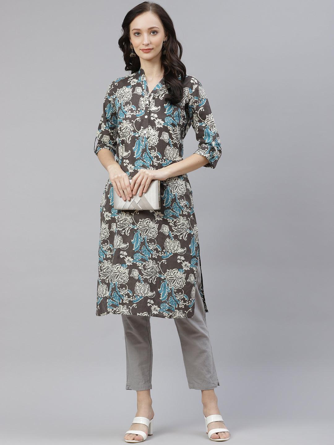  Brown Floral printed Straight kurta 