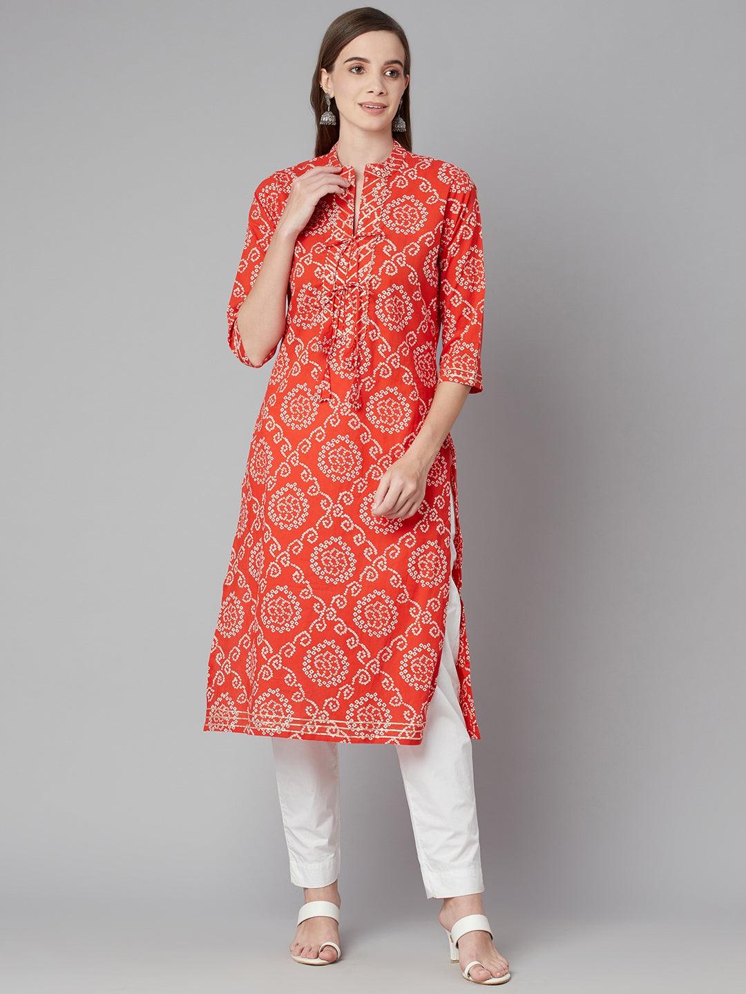  Red bandhej Straight Kurta 