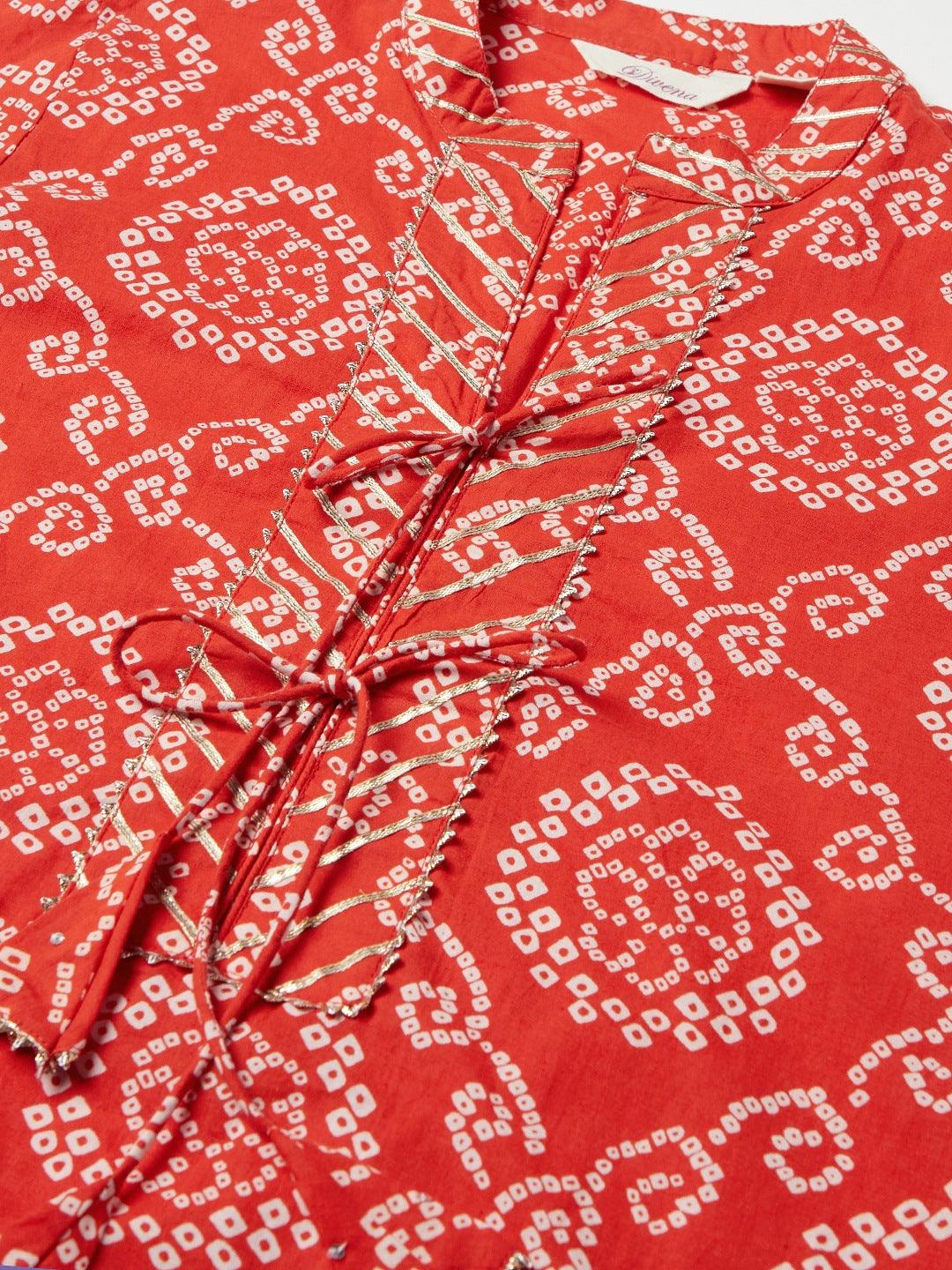  Red bandhej Straight Kurta 