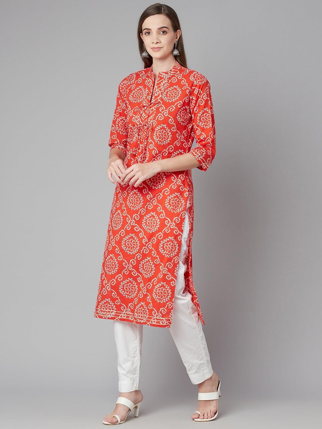  Red bandhej Straight Kurta 