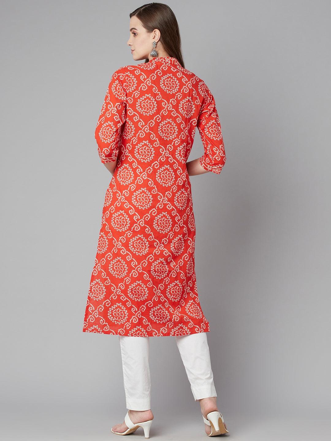  Red bandhej Straight Kurta 