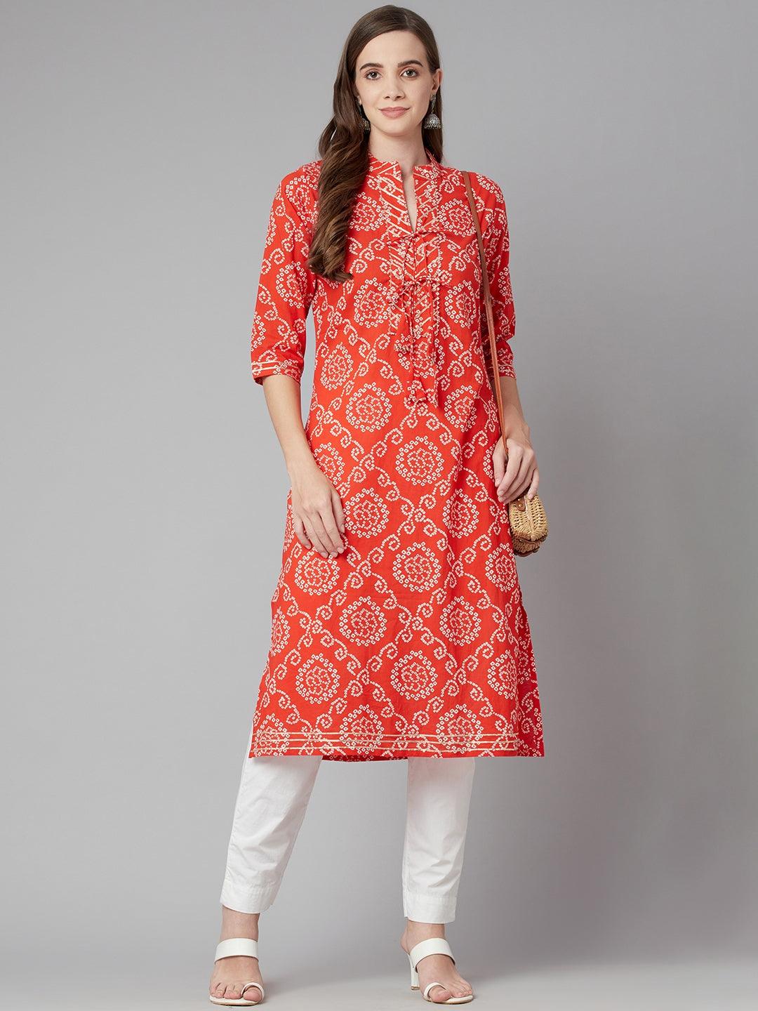 Red bandhej Straight Kurta 