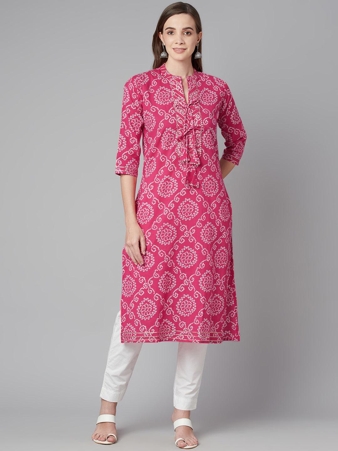  Pink Bandhej Straight Kurta 