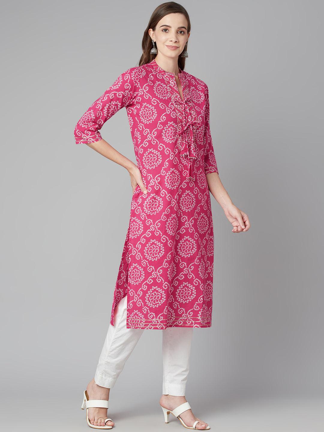  Pink Bandhej Straight Kurta 