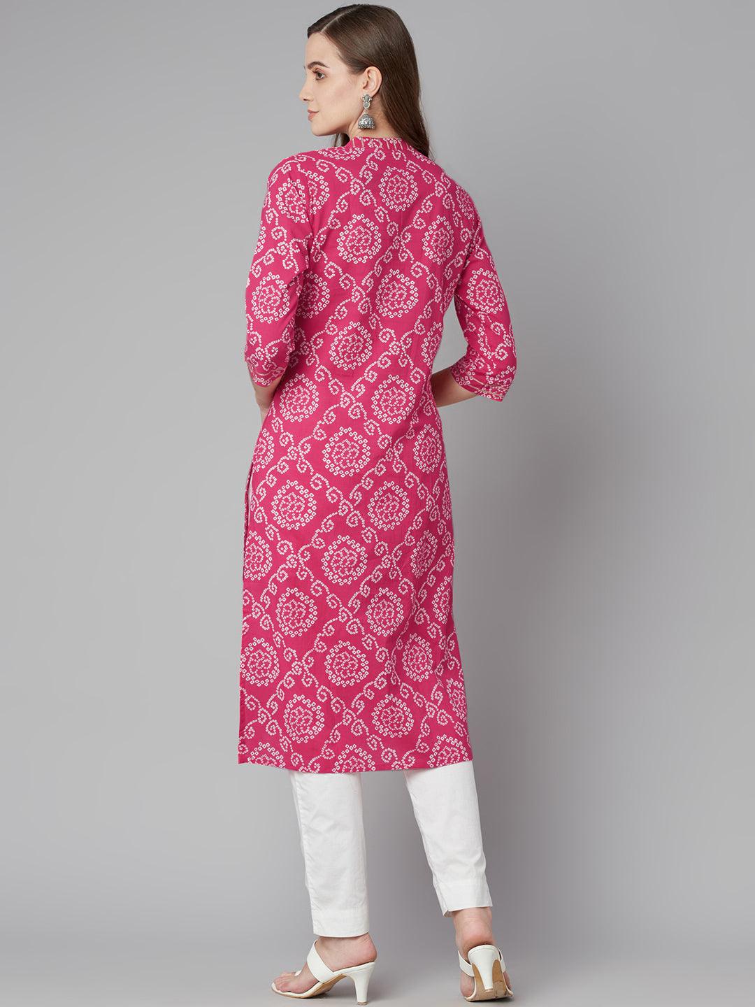  Pink Bandhej Straight Kurta 