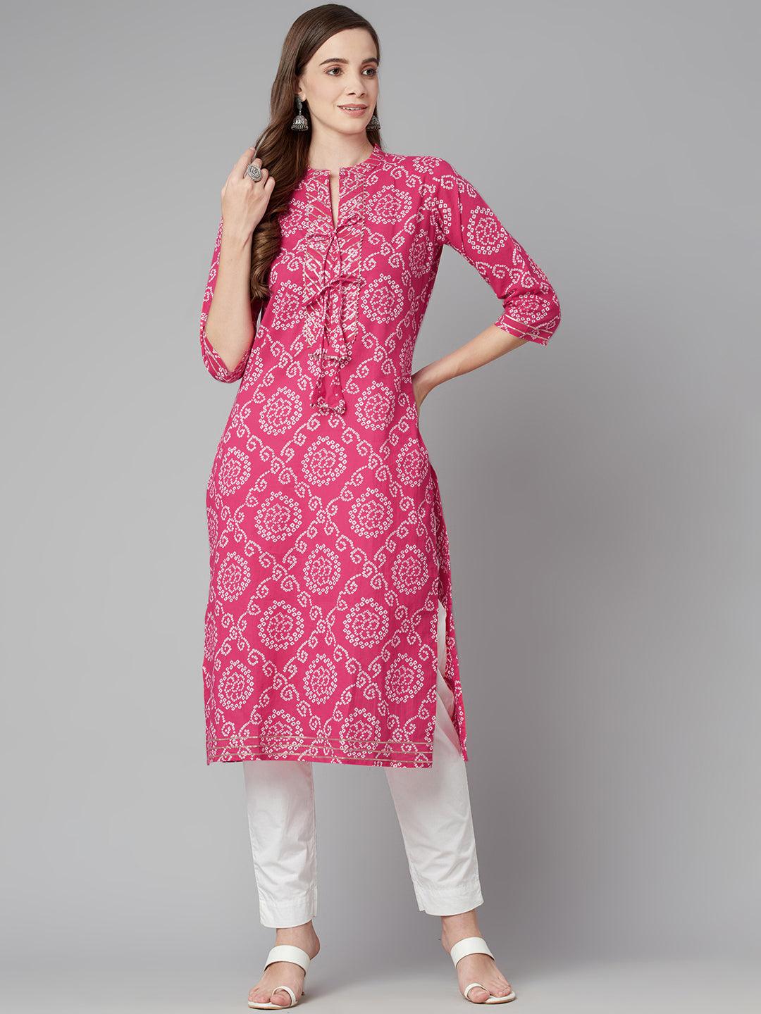  Pink Bandhej Straight Kurta 